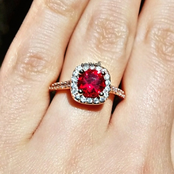 Rose Gold Red Ruby Halo Engagement Ring - Picture 3 of 6